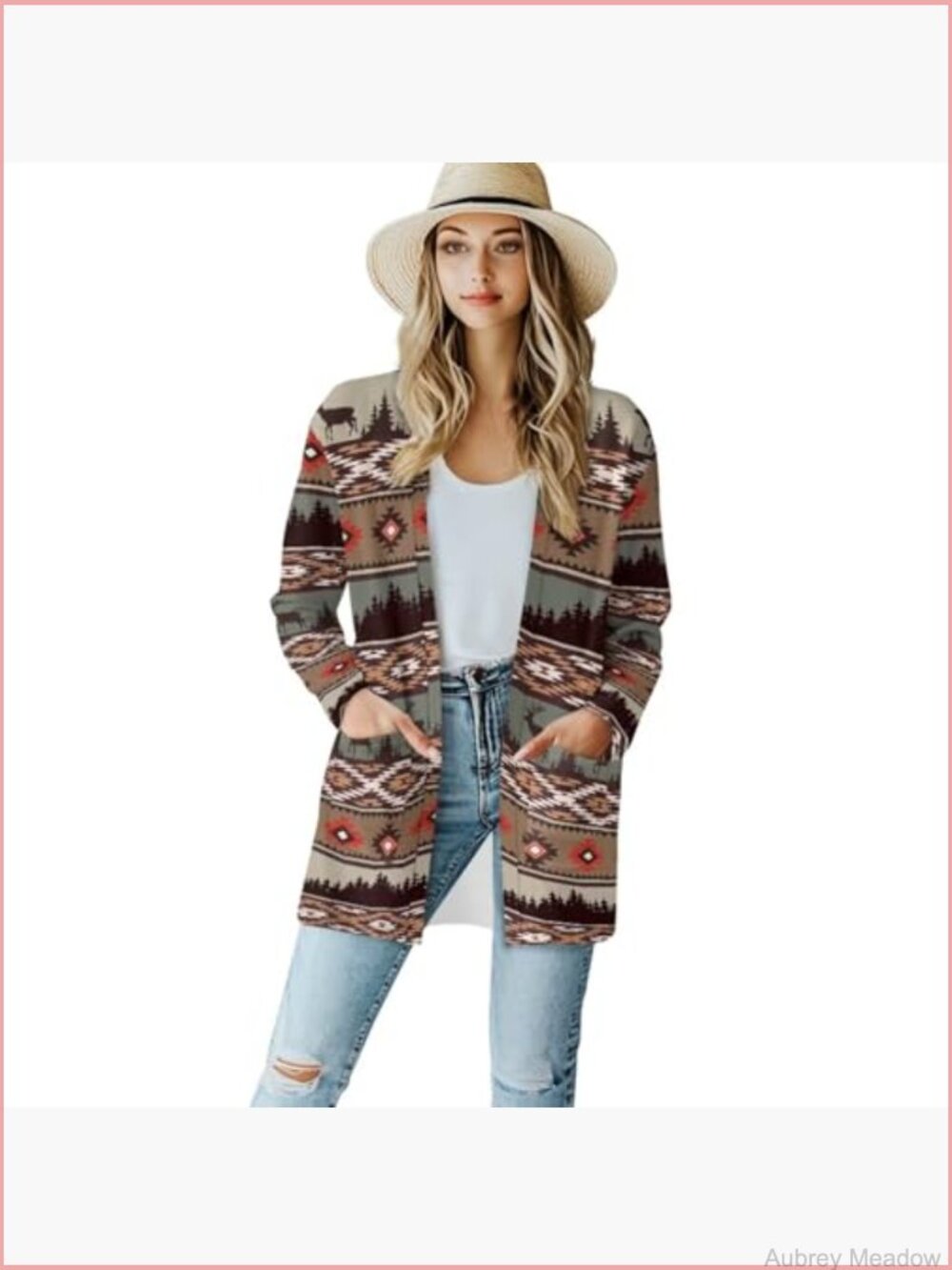 Women's Aztec Open-Front Jacket Lightweight Casual Cardigan Long Sleeve - Picture 2 of 6